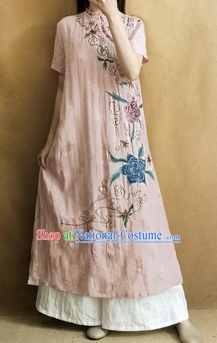 Traditional Chinese National Costume Tang Suit Embroidered Pink Cheongsam Qipao Dress for Women