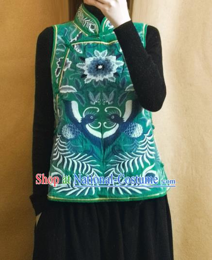 Traditional Chinese Embroidered Green Vest Upper Outer Garment Tang Suit Waistcoat National Costume for Women