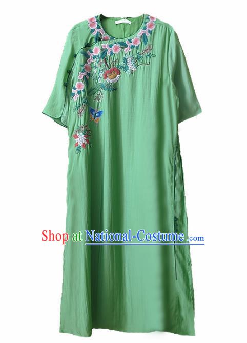 Traditional Chinese National Costume Tang Suit Embroidered Green Cheongsam Qipao Dress for Women