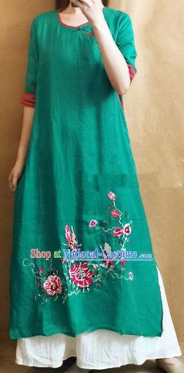 Traditional Chinese Embroidered Peony Green Cheongsam Tang Suit Qipao Dress National Costume for Women