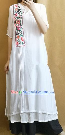 Traditional Chinese Embroidered White Linen Cheongsam Tang Suit Qipao Dress National Costume for Women