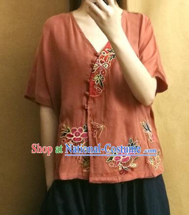 Traditional Chinese Embroidered Peony Brown Blouse Upper Outer Garment Tang Suit Shirt National Costume for Women