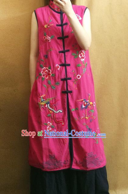 Traditional Chinese Embroidered Phoenix Peony Rosy Long Vest Upper Outer Garment Tang Suit Waistcoat National Costume for Women