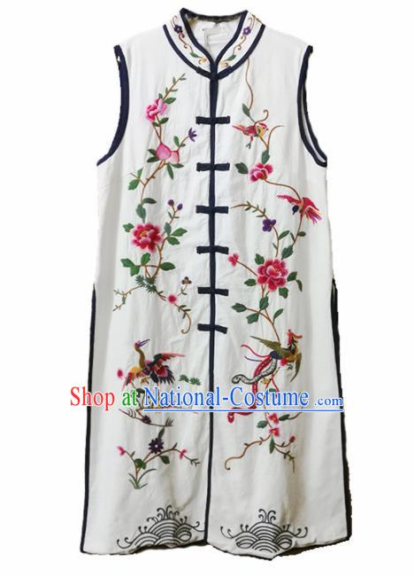 Traditional Chinese Embroidered Phoenix Peony White Long Vest Upper Outer Garment Tang Suit Waistcoat National Costume for Women