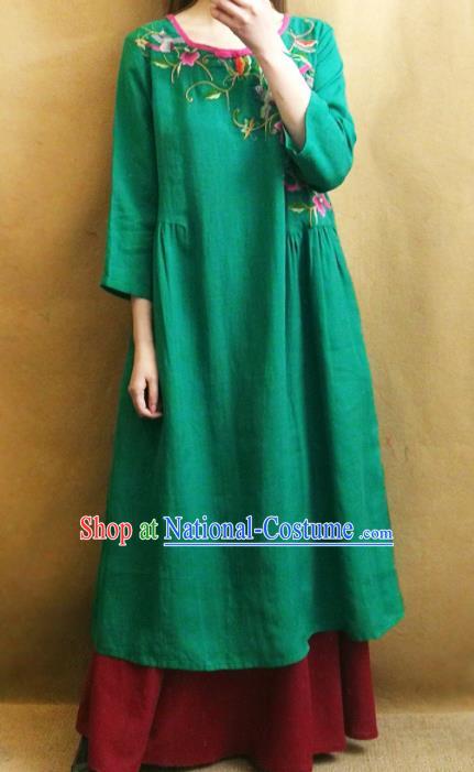 Traditional Chinese Embroidered Twine Flowers Green Cheongsam Tang Suit Qipao Dress National Costume for Women