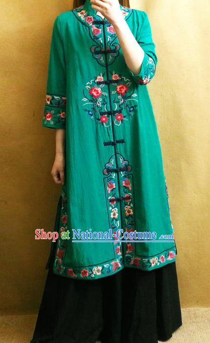 Traditional Chinese Embroidered Flowers Green Long Coat Tang Suit Outer Garment National Costume for Women