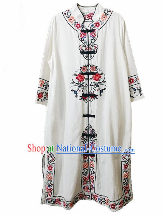 Traditional Chinese Embroidered Flowers White Long Coat Tang Suit Outer Garment National Costume for Women