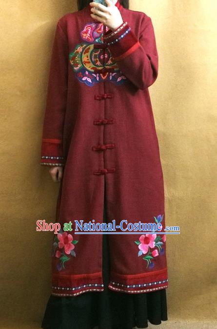 Traditional Chinese Embroidered Dark Red Coat Tang Suit Outer Garment National Costume for Women