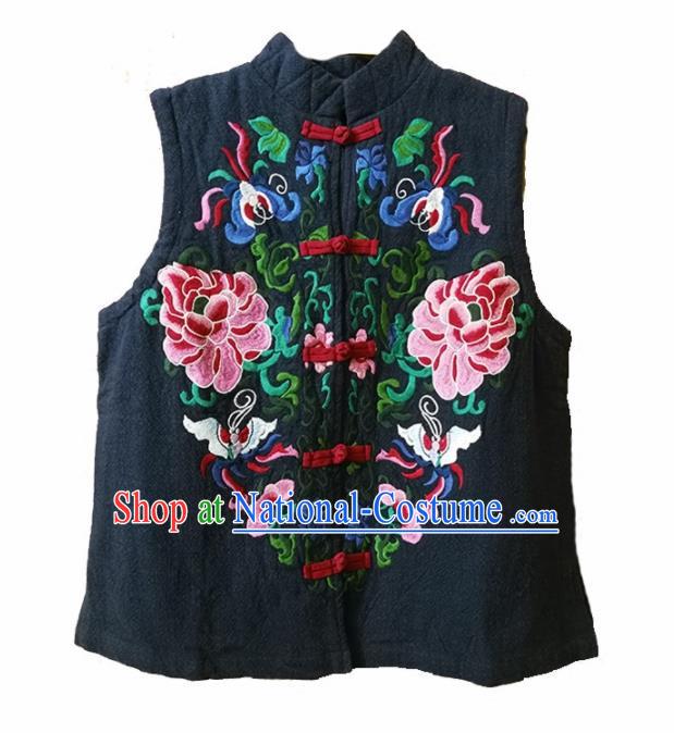 Traditional Chinese Embroidered Peony Navy Vest Tang Suit Upper Outer Garment National Costume for Women