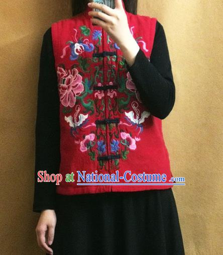 Traditional Chinese Embroidered Peony Red Vest Tang Suit Upper Outer Garment National Costume for Women