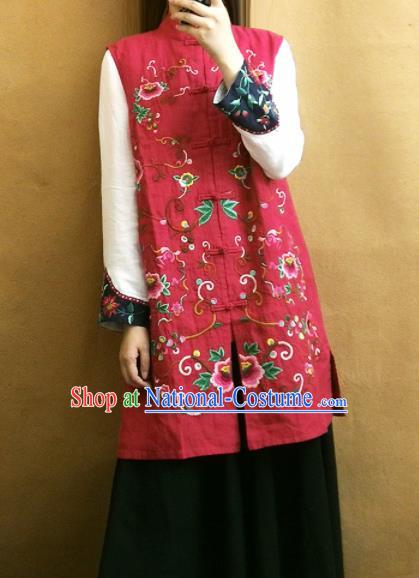 Traditional Chinese Embroidered Peony Red Long Vest Tang Suit Upper Outer Garment National Costume for Women