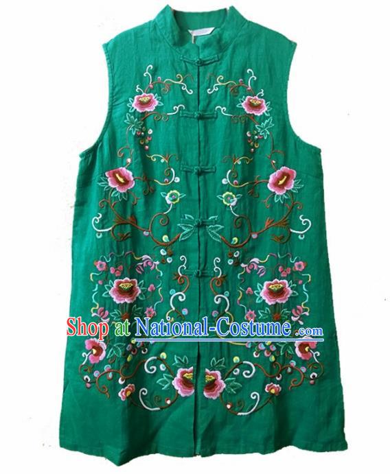 Traditional Chinese Embroidered Peony Green Long Vest Tang Suit Upper Outer Garment National Costume for Women