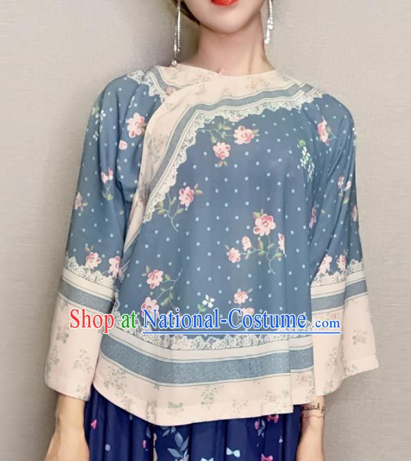 Traditional Chinese Tang Suit Slant Opening Blue Blouse Upper Outer Garment National Costume for Women