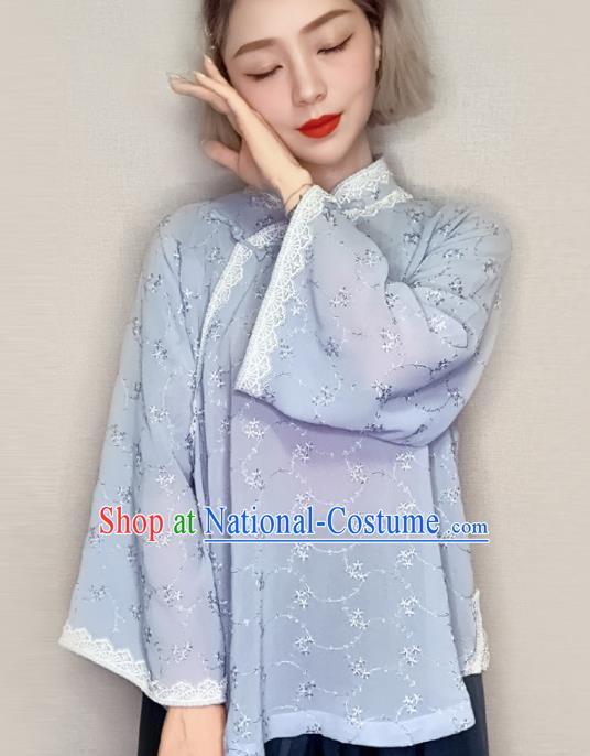 Traditional Chinese Tang Suit Light Blue Blouse Upper Outer Garment National Costume for Women