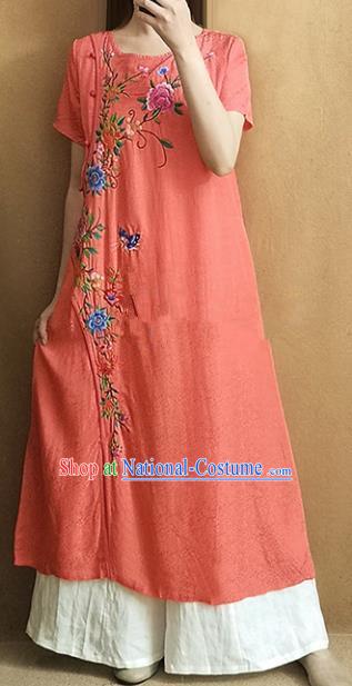 Traditional Chinese National Costume Tang Suit Embroidered Peony Orange Qipao Dress for Women