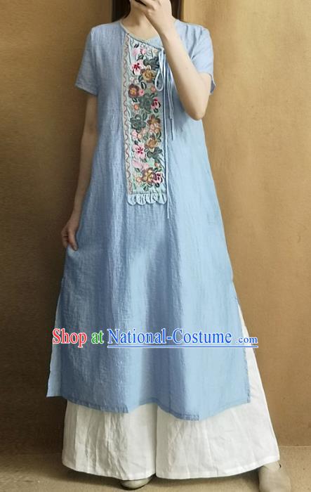 Traditional Chinese Embroidered Blue Qipao Dress Tang Suit National Costume for Women