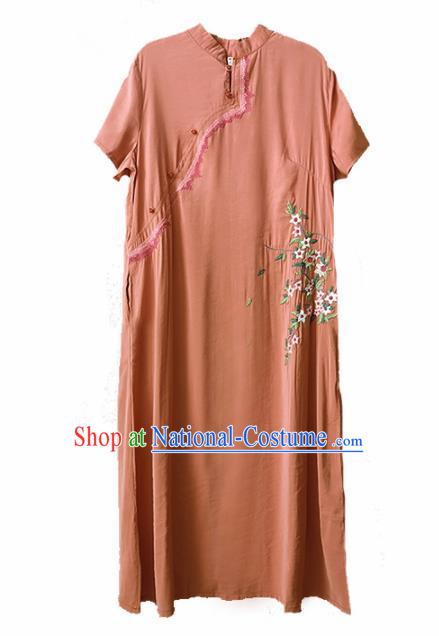 Traditional Chinese Embroidered Flowers Orange Qipao Dress Tang Suit National Costume for Women