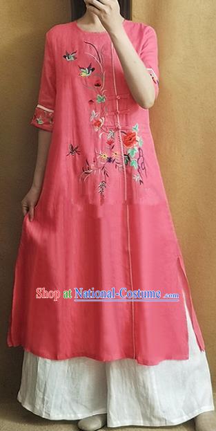 Traditional Chinese Embroidered Peony Pink Cheongsam Qipao Dress Tang Suit National Costume for Women