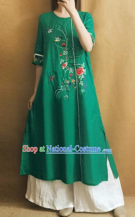 Traditional Chinese Embroidered Peony Green Cheongsam Qipao Dress Tang Suit National Costume for Women