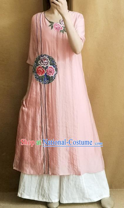 Traditional Chinese Embroidered Peony Pink Linen Cheongsam Qipao Dress Tang Suit National Costume for Women