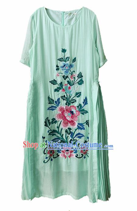 Traditional Chinese Embroidered Peony Green Rayon Cheongsam Qipao Dress Tang Suit National Costume for Women