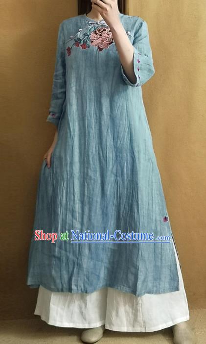 Traditional Chinese Embroidered Blue Linen Dress Tang Suit Cheongsam National Costume for Women