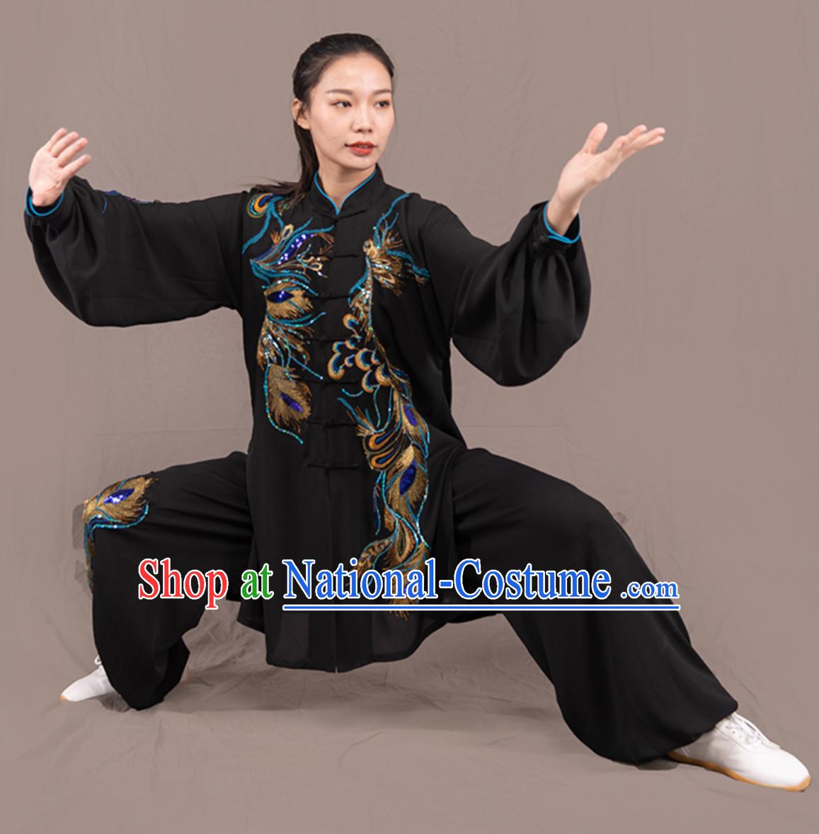 Black Top Chinese Traditional Competition Championship Professional Tai Chi Uniforms Taiji Kung Fu Wing Chun Kungfu Tai Ji Sword Gong Fu Master Clothing Suits Clothes Complete Set for Women