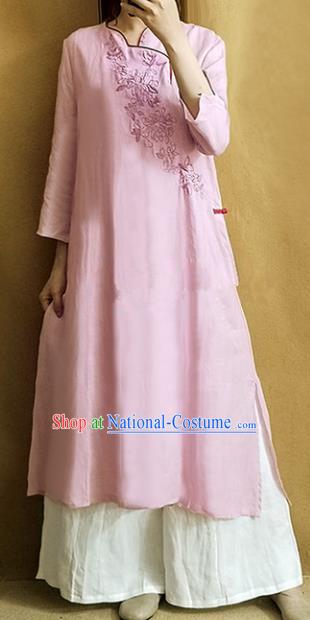 Traditional Chinese Embroidered Pink Linen Qipao Dress Tang Suit Cheongsam National Costume for Women