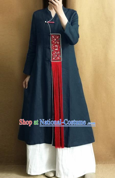 Traditional Chinese Embroidered Outer Garment Tang Suit Navy Coat National Costume for Women