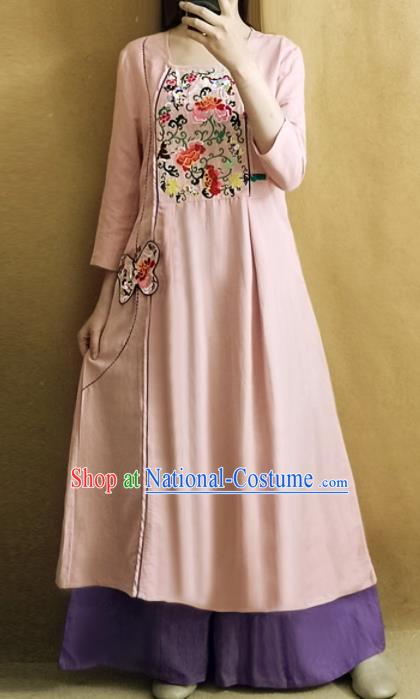 Traditional Chinese Embroidered Peony Pink Linen Qipao Dress Tang Suit Cheongsam National Costume for Women