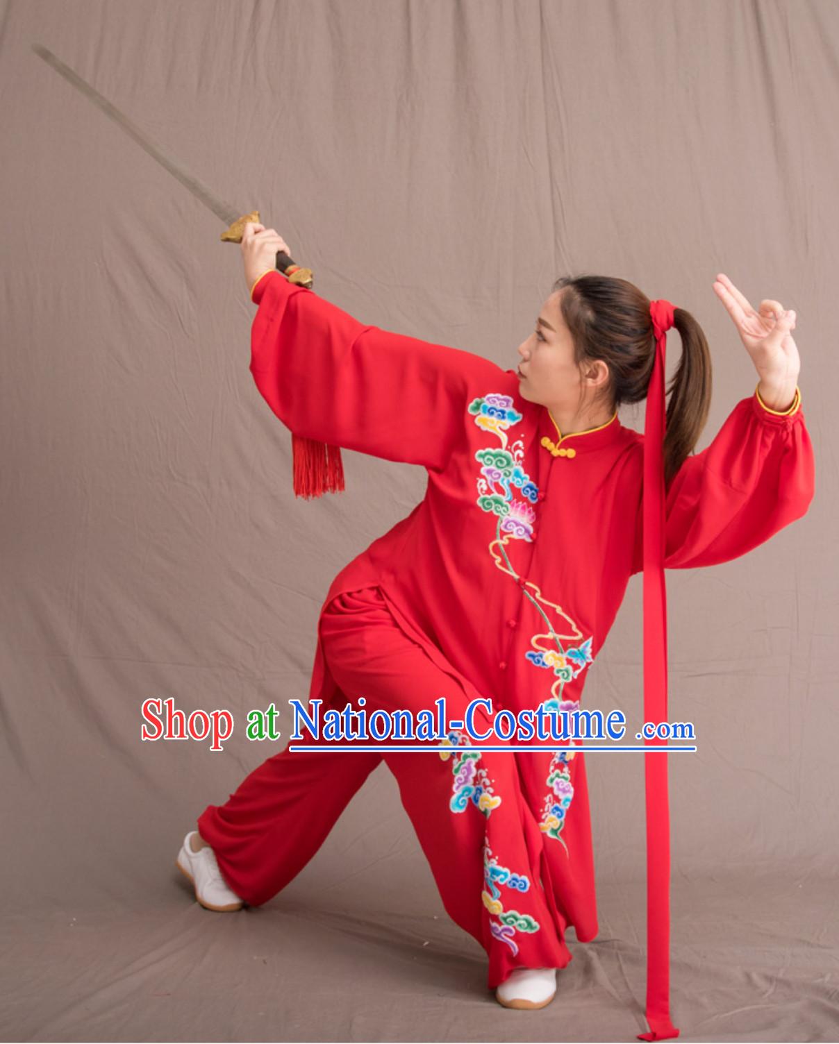 Lucky Red Top Chinese Classical Competition Championship Professional Tai Chi Uniforms Taiji Kung Fu Wing Chun Kungfu Tai Ji Sword Master Dress Clothing Suits Clothing Complete Set