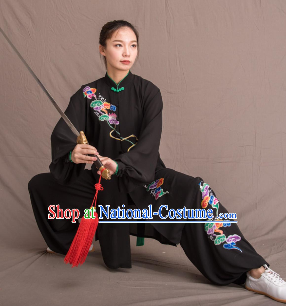 Black Top Chinese Classical Competition Championship Professional Tai Chi Uniforms Taiji Kung Fu Wing Chun Kungfu Tai Ji Sword Master Dress Clothing Suits Clothing Complete Set