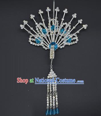 Chinese Handmade Beijing Opera Blue Crystal Phoenix Hairpins Traditional Ancient Princess Hair Accessories for Women