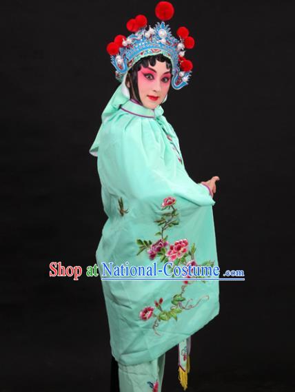 Handmade Chinese Beijing Opera Embroidered Peony Green Cloak Traditional Peking Opera Diva Costume for Women