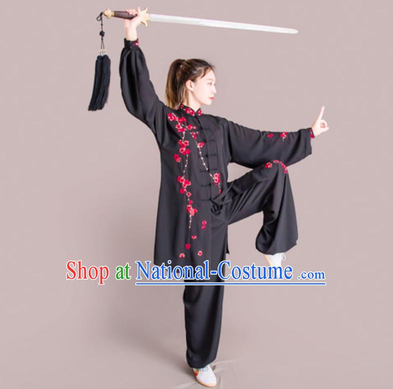 Top Chinese Mandarin Embroidered Plum Blossom Competition Championship Professional Tai Chi Stage Performance Uniforms Clothing and Mantle Complete Set for Women or Men