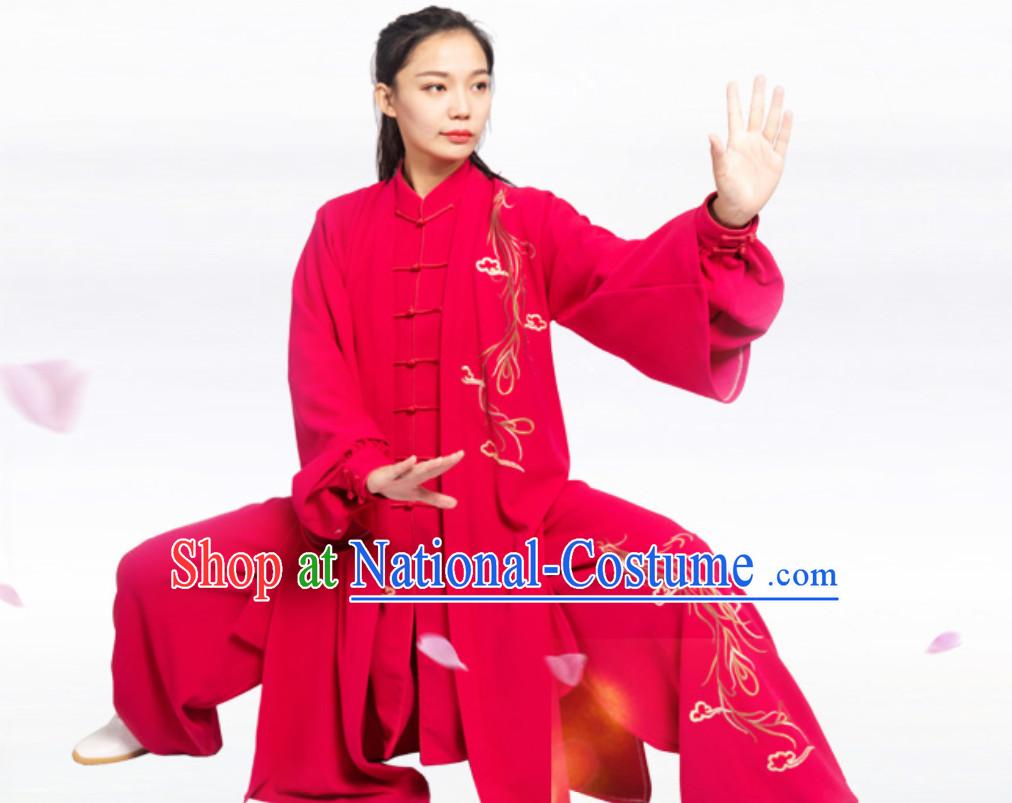 Lucky Red Top Chinese Classical Competition Championship Professional Tai Chi Stage Performance Uniforms Clothing and Mantle Complete Set for Women or Men