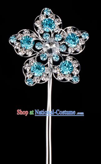 Chinese Handmade Beijing Opera Hair Accessories Traditional Ancient Princess Blue Crystal Flower Hairpins for Women