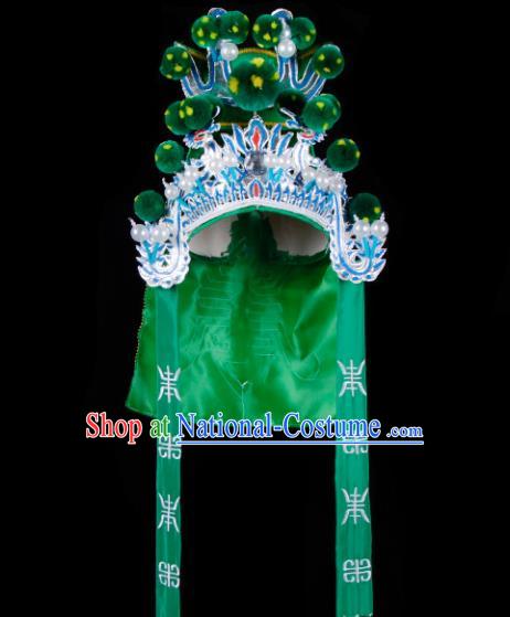 Chinese Handmade Beijing Opera Takefu Hat Traditional Ancient General Green Helmet for Men