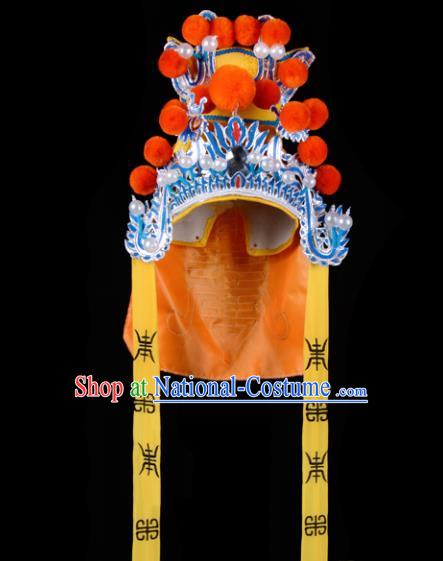 Chinese Handmade Beijing Opera Takefu Hat Traditional Ancient General Orange Helmet for Men