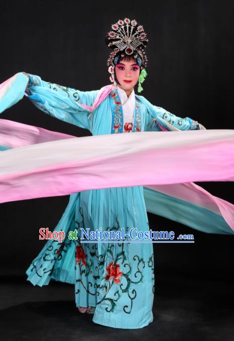 Handmade Chinese Beijing Opera Embroidered Peony Blue Dress Traditional Peking Opera Diva Costume for Women