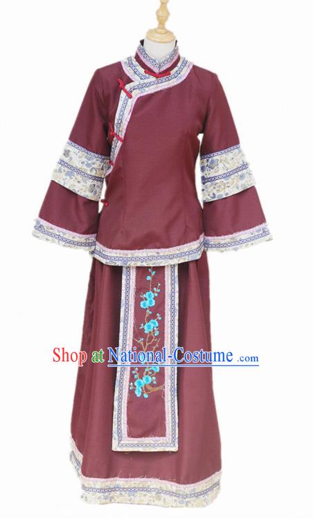 Traditional Chinese Republican Period Young Mistress Purplish Red Dress Ancient Landlord Shiva Costume for Women