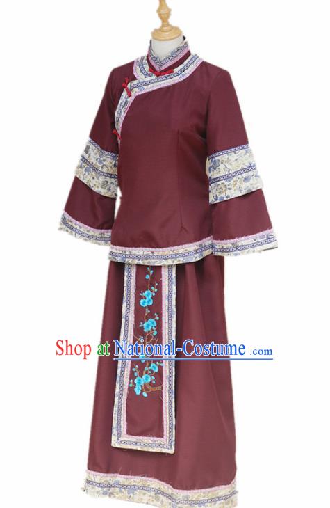 Traditional Chinese Republican Period Young Mistress Purplish Red Dress Ancient Landlord Shiva Costume for Women