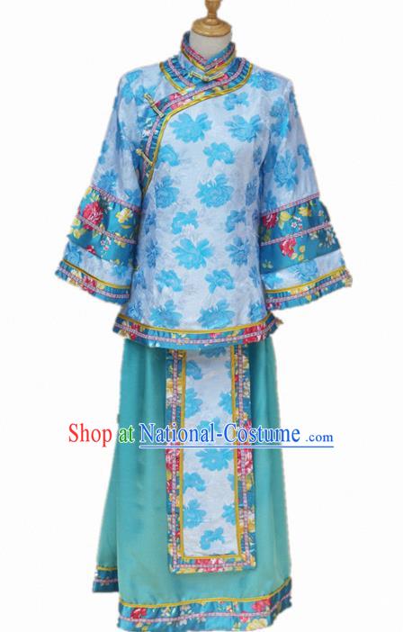 Traditional Chinese Republican Period Young Mistress Blue Dress Ancient Landlord Shiva Costume for Women