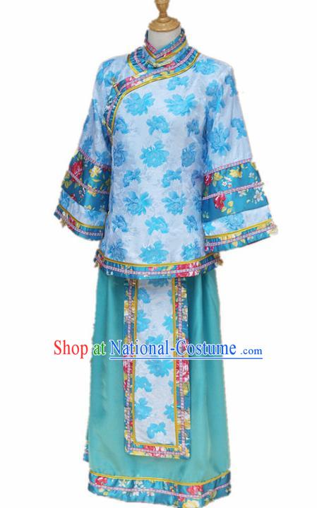 Traditional Chinese Republican Period Young Mistress Blue Dress Ancient Landlord Shiva Costume for Women