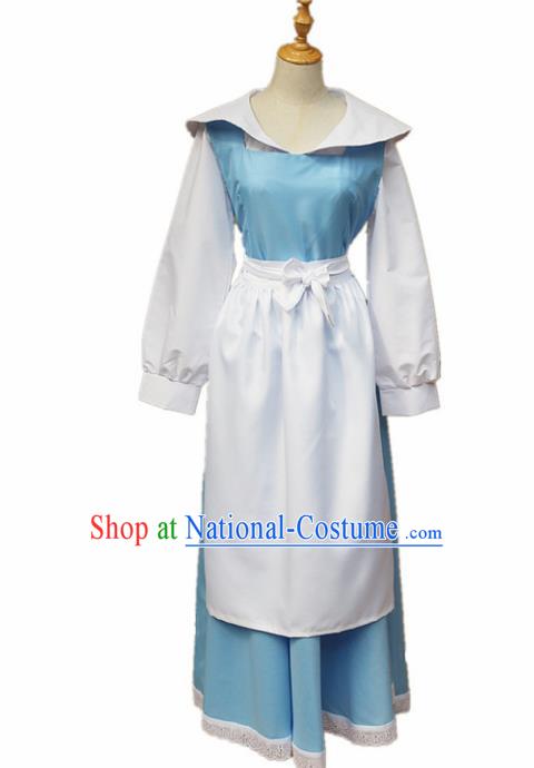 Europe Medieval Traditional Costume European Maidservant Blue Dress for Women