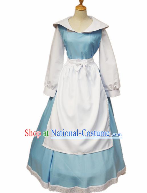 Europe Medieval Traditional Costume European Maidservant Blue Dress for Women