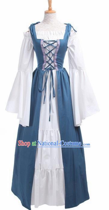 Europe Medieval Traditional Costume European Court Lady Blue Dress for Women