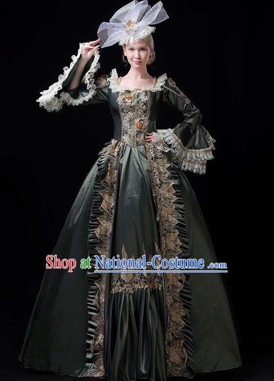 Europe Medieval Traditional Court Costume European Princess Atrovirens Full Dress for Women