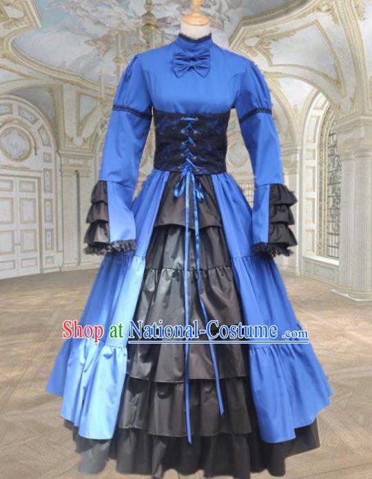 Europe Medieval Traditional Court Costume European Maidservant Blue Full Dress for Women