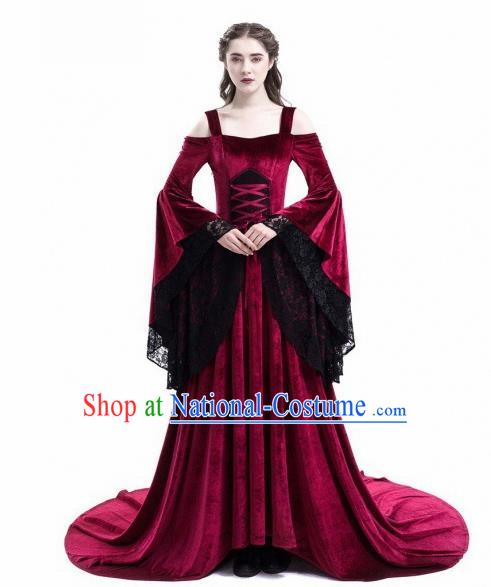 Europe Medieval Traditional Court Princess Wine Red Costume European Full Dress for Women